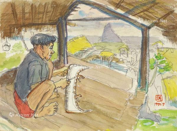  1972年 兰屿的雕刻师傅 水彩 纸本