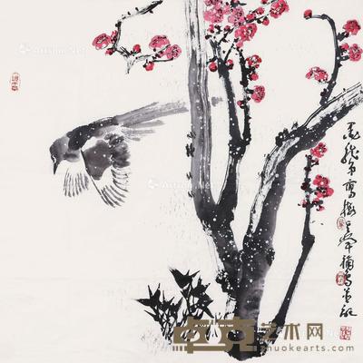  红梅喜鹊 立轴 设色纸本 67×67cm