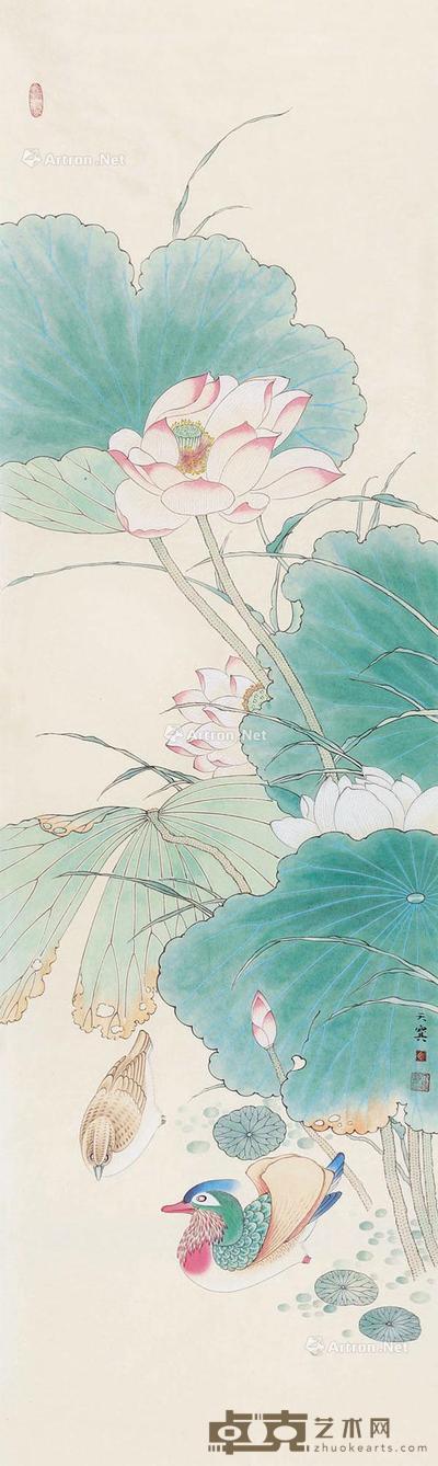  荷花鸳鸯 软片 设色纸本 141×43cm