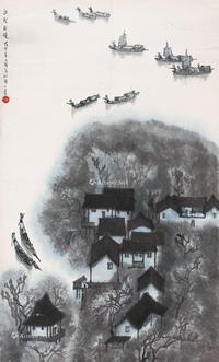  2008年作 江村初晓 立轴 设色纸本