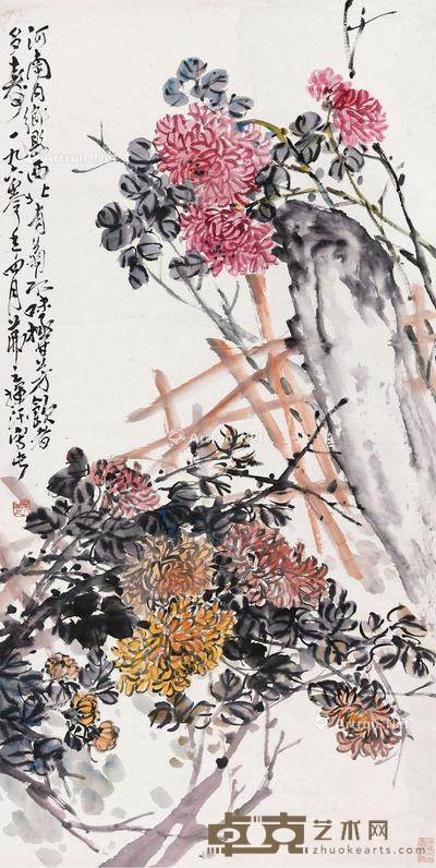  1960年作 菊石图 立轴 设色纸本 136×68cm