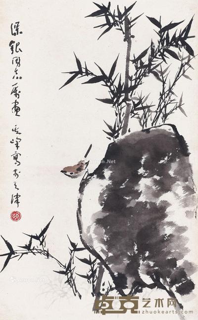  竹石小鸟 镜片 设色纸本 81×50cm