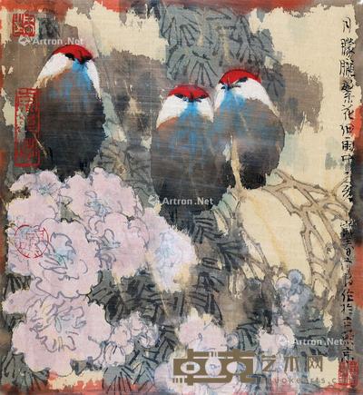 1995年作 月朦胧繁花细雨中 镜片 设色纸本 22.5×21cm