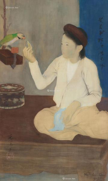  1933年作 少女与鹦鹉 水墨 水粉 绢布（原装框架）