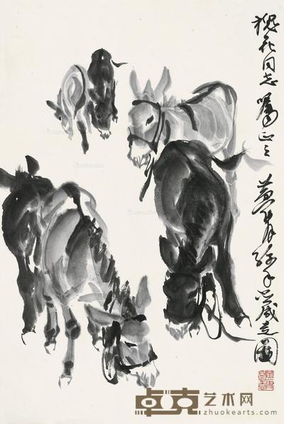 六驴图 立轴 水墨纸本 68×45cm