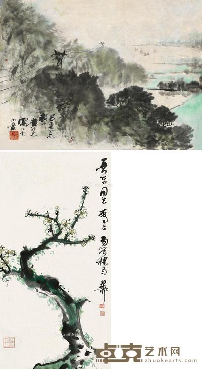  山水 花卉 （两帧） 设色纸本 纸片 37.5×50cm；69×35cm