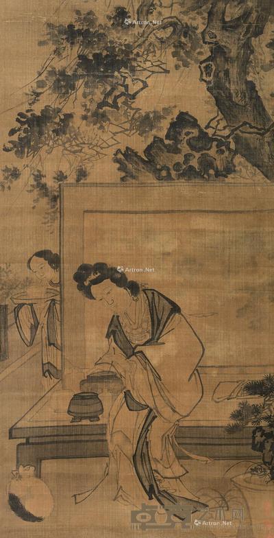  戏猫图 立轴 水墨绢本 129.5×66cm