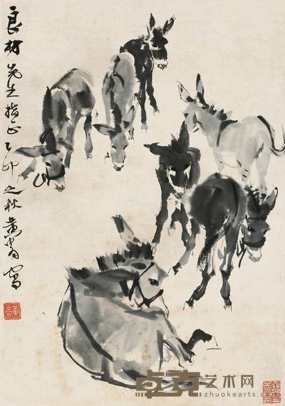 1975年作 七驴图 镜片 水墨纸本 78×54.5cm