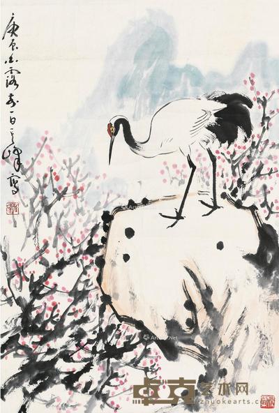  2000年作 梅鹤图 镜片 设色纸本 68×45cm