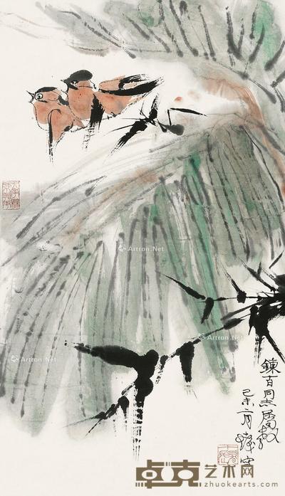  1979年作 芭蕉双雀 立轴 设色纸本 73.5×42cm