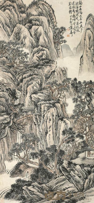  1907年作 岩壑观瀑 立轴 设色纸本 174×81.5cm