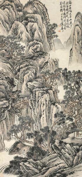  1907年作 岩壑观瀑 立轴 设色纸本