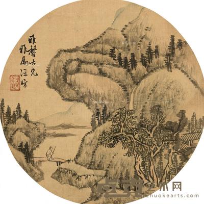  秋山访友图 圆光 设色绢本 直径25cm