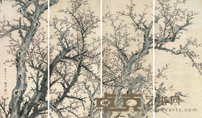  1689年作 梅花通景 屏轴 设色纸本 120.5×48.5cm×2；120.5×52.5cm×2