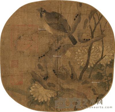  花鸟 圆光 设色绢本 直径21cm