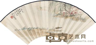  1935年作 秋江钓艇 无骨扇 设色纸本 18.5×50cm