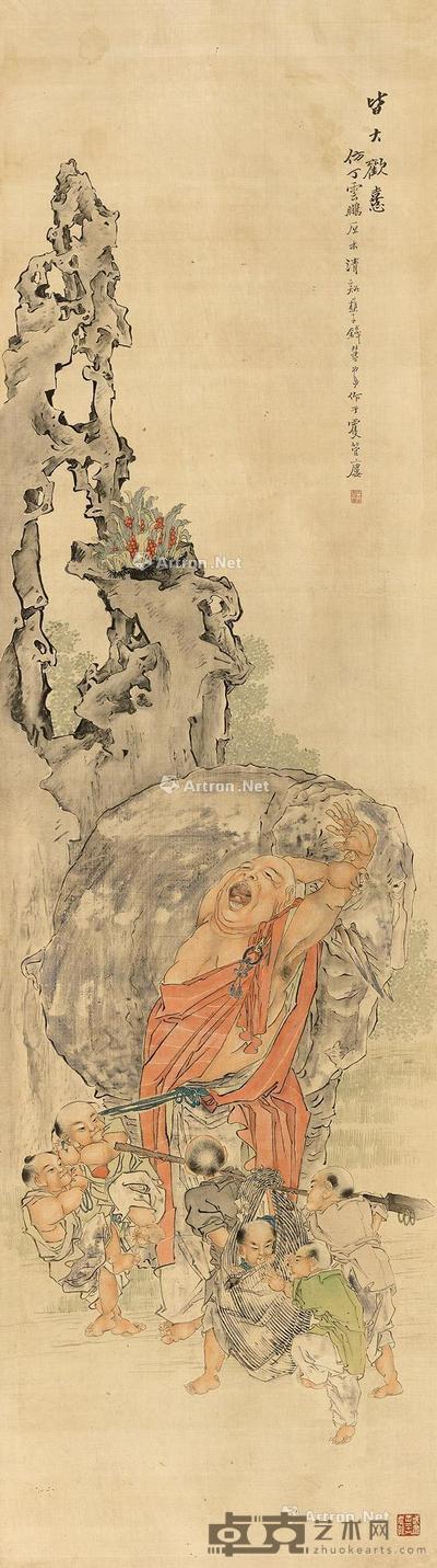  皆大欢喜 屏轴 设色绢本 194×55cm