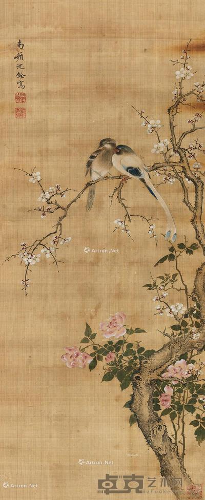  梅花双禽 立轴 设色绢本 97.5×40cm