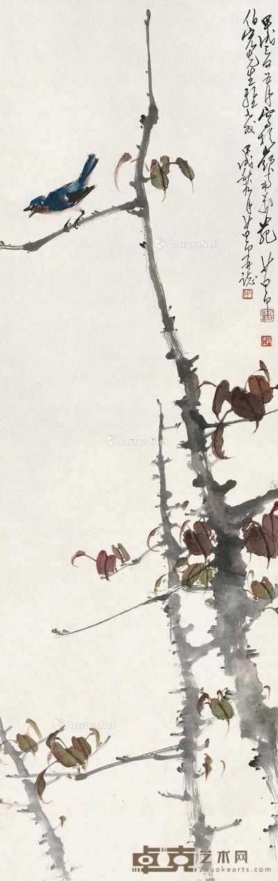  1994年作 枝间栖雀 立轴 设色纸本 126×39.5cm