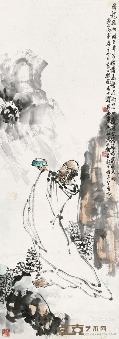  1986年作 罗汉降龙图 镜框 设色纸本 100.5×35cm