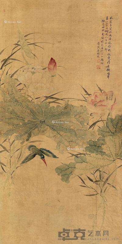  荷花翠鸟 立轴 设色绢本 104.5×52.5cm
