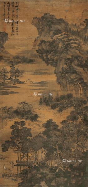  江楼邀鹤 立轴 设色绢本