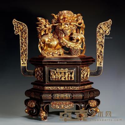 * 清 金漆木雕太狮少狮香炉 高72cm；宽66cm