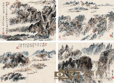  1973年作 山水 四屏镜心 设色纸本 24×34cm×4