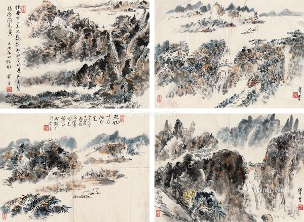  1973年作 山水 四屏镜心 设色纸本