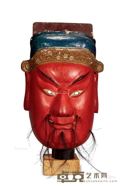 * 清 朱漆关公面具 高41cm;宽21cm;深22cm