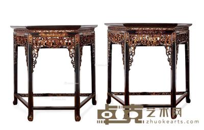 * 清 金漆木雕戏曲人物八角金漆桌几 (一对) 高约85cm；宽约100cm