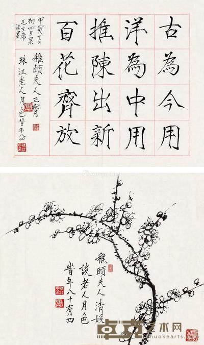  书法花卉 （两帧） 镜心 设色纸本 25×30cm×2