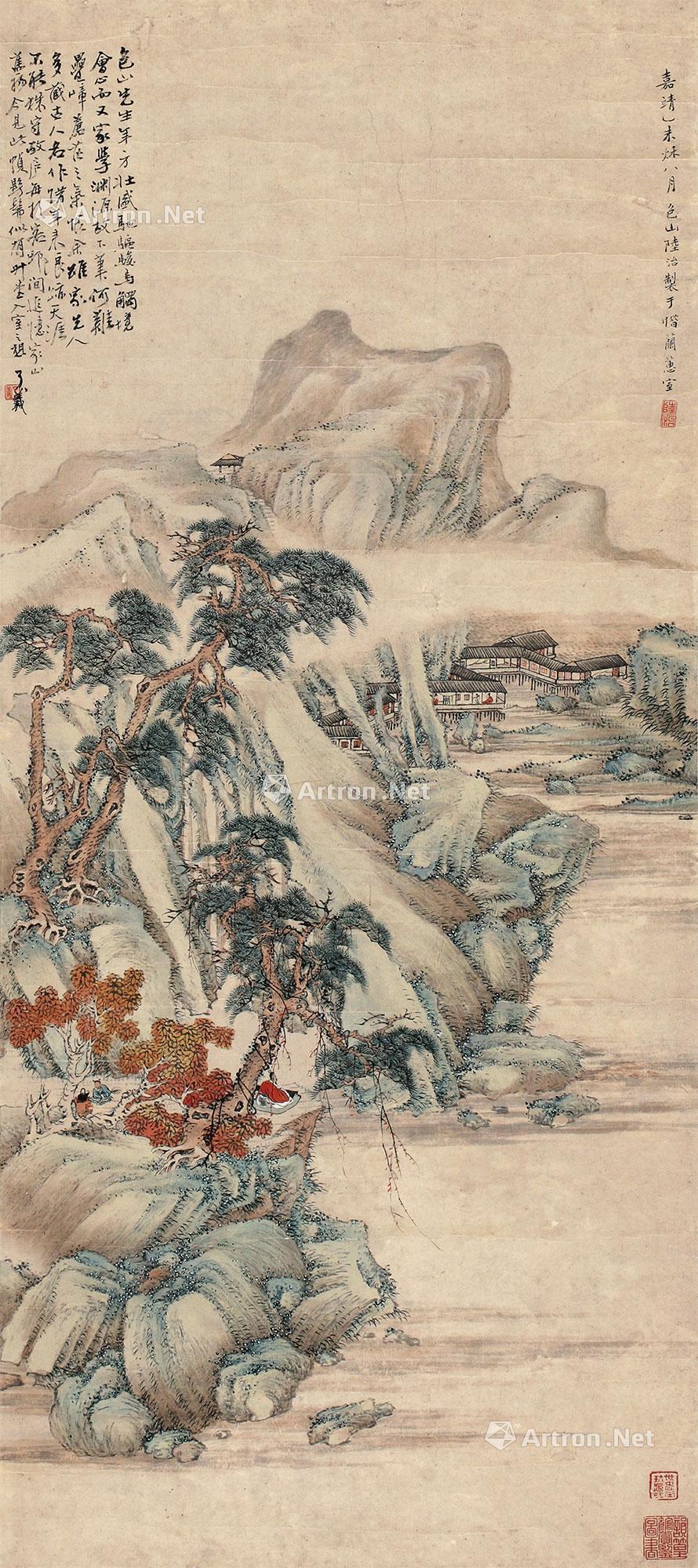 中国民国時代画家希白掛軸(絹本) 墨彩「常熟山水」肉筆美術品製作元