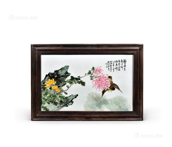  民国 篱下黄花色自妍粉彩瓷板