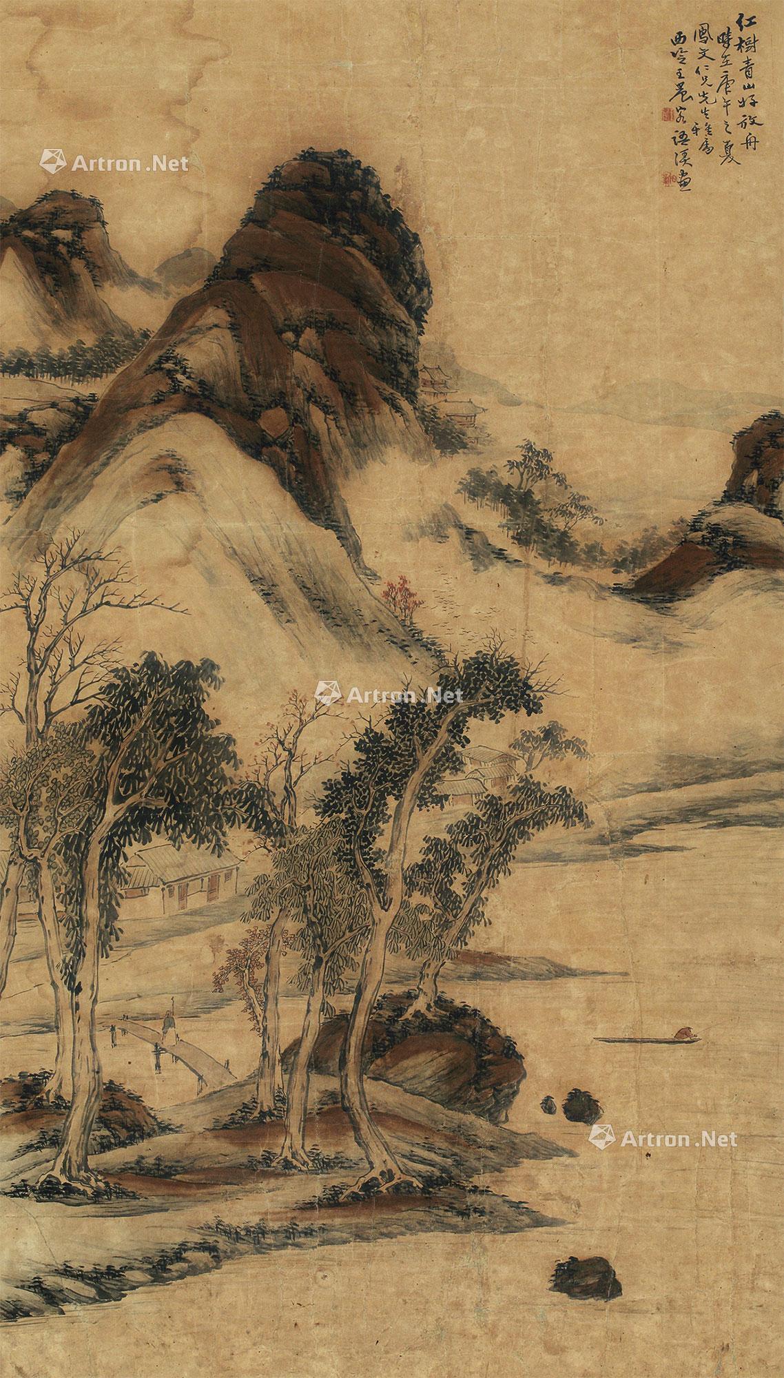 中国民国時代画家希白掛軸(絹本) 墨彩「常熟山水」肉筆美術品お