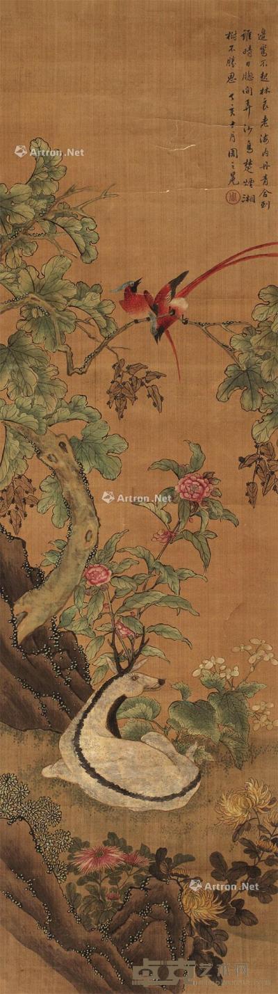  1587年作 花鸟 轴 设色绢本 144×41cm