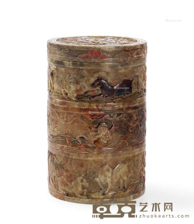 * 明 寿山石胡人驯马图盖盒 高17cm；直径10.9cm