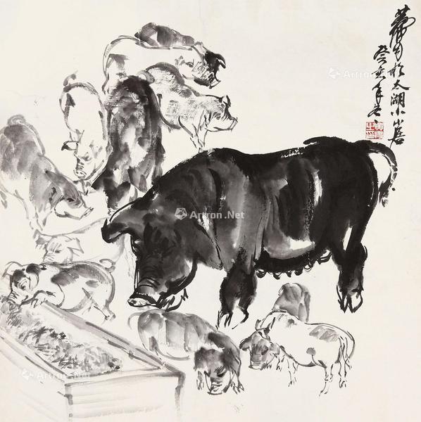  群猪图 镜心 水墨纸本