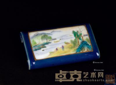 民国 蓝釉粉彩开窗山水人物纹墨床 长8.4cm;宽5cm