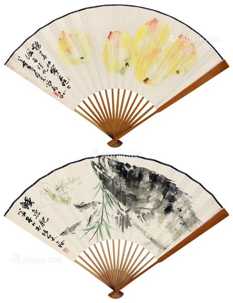  水蜜桃并鳜鱼图 成扇 设色纸本