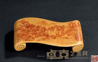 * 清乾隆 唐英制米黄地褐彩山水楼阁墨床 高2cm；长8.7cm