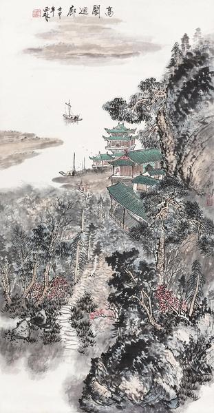  高阁回廊 挂轴 设色纸本