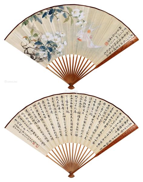  辛巳（1941年）作 花光云影 行书恽寿平《记秋山图始末》 成扇 设色纸本、水墨纸本 