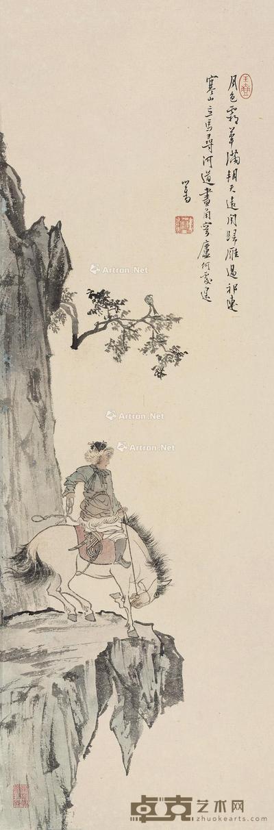 寒山立马寻河道 镜框 设色纸本 94×31cm