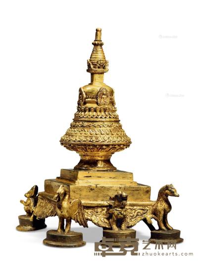  17世纪 尼泊尔铜鎏金佛塔 高21cm