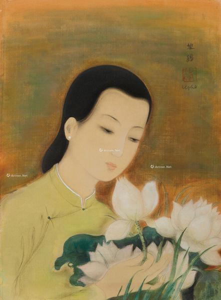  约1940年代作 莲花女子 水墨 水粉 绢布