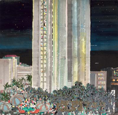  1982年作 欢腾之夜 镜框 设色纸本 102×105cm