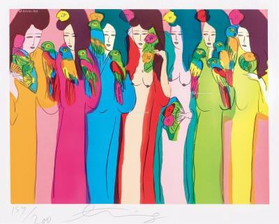  1982年作 七位女士与九只鹦鹉隻 丝网版画