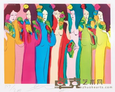  1982年作 七位女士与九只鹦鹉隻 丝网版画 60×45cm