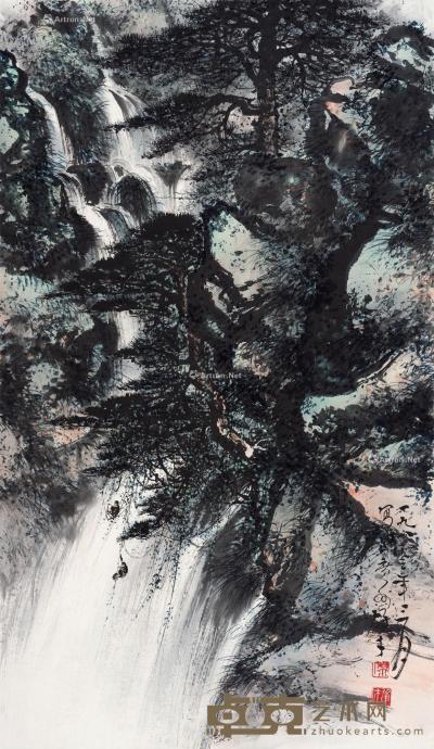  1980年作 松瀑图 立轴 设色纸本 83×48.5cm